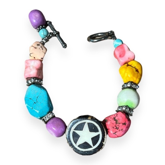 Handmade Chunky Bracelet Turquoise Stones Rhinestones Beaded Boho Xmen Style 7” - Picture 1 of 4